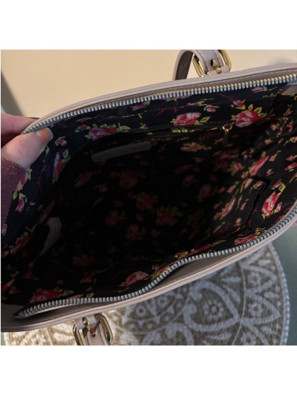Betsey Johnson Purplish Grey Quilted Tote Bag with Floral Accent Twilly - Picture 6 of 6
